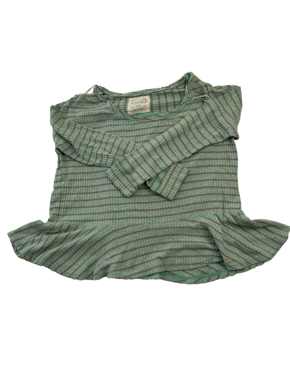 Free People Auntie Em Knit Top Rib Mint Green Grey Stripe Ruffle Hem Size M